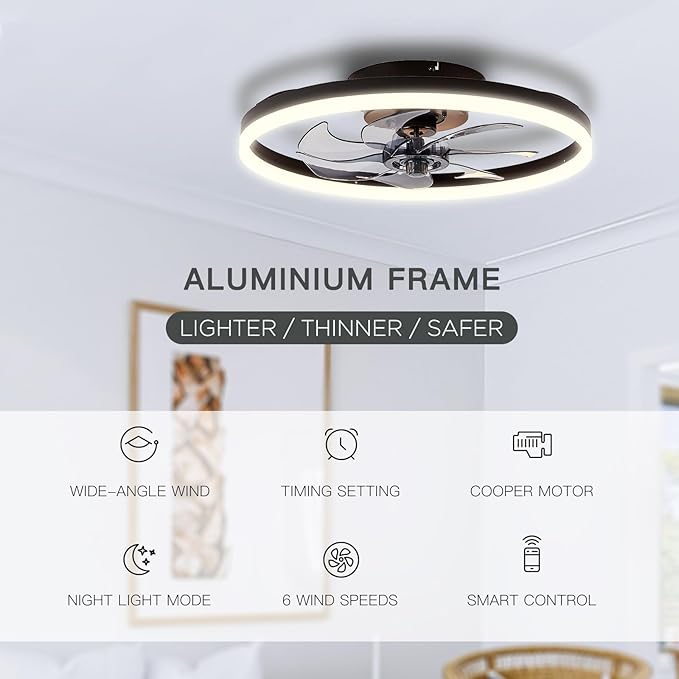 STERREN 20'' Modern Low Profile Ceiling Fan with Light, Bedroom LED Ceiling Fan with Remote Control, Bladeless Flush Mount Black Fan Lights Ceiling Fixtures for Living Room,Small Room
