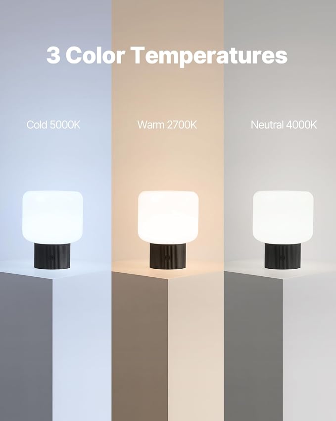 Halo Mushroom Lamp, 5W Cute Cordless Rechargeable Table Lamp with Glass Shade, 3 Color Temps LED Dimmable Ambient Lighting, Small Retro Touch Bedside Light for Bedroom Decor, Black