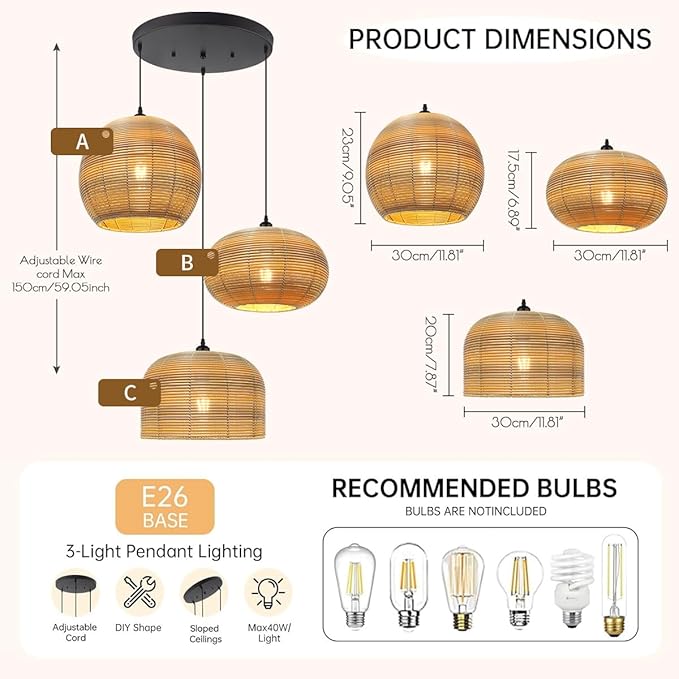 3-Light Chandelier Vintage Rattan Pendant Light Fixtures Hand Woven Boho Rattan Light Fixtures Ceiling Hanging, Farmhouse Chandelier for Dining Room Kitchen Island Bedroom