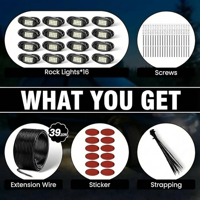 YONEDA 16 Pods White Rock Lights 6000K Ultra Bright LED Neon Underglow Lights IP68 Waterproof for Trucks SUV UTV ATV RZR Car Boats Pickup Motorcycle with 39.37ft Extension Wire