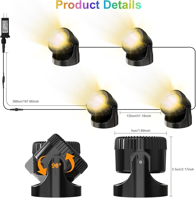RGB Underwater Pond Lights, 20 Colors Dimmable Submersible Led Fountain Lights with Timer, IP68 Waterproof with Remote Control for Outdoor Ponds Aquarium Garden Pool (Set of 4)