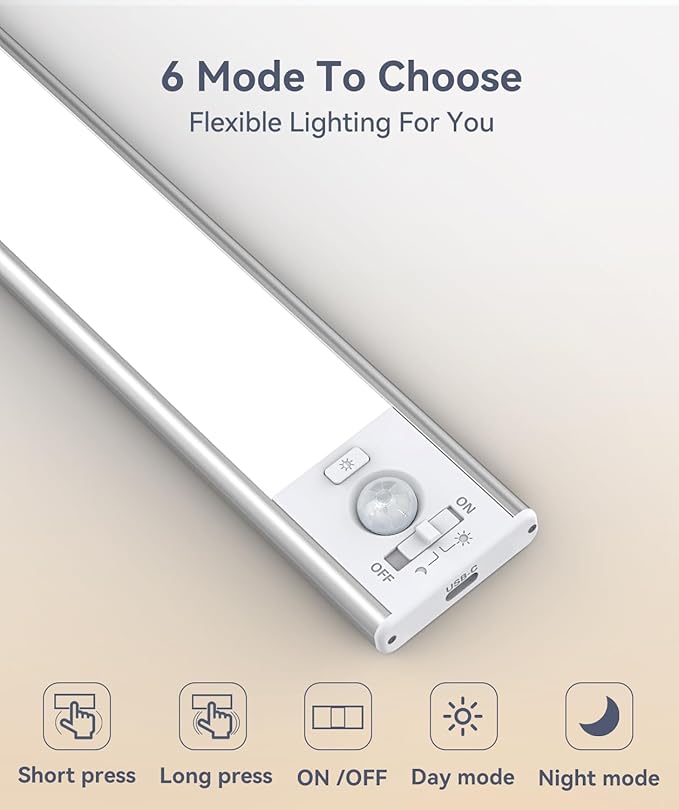 13inch Under Cabinet Lighting, 3200mAh Rechargeable Motion Sensor Light Indoor, LED Battery Operated Cabinet Lights, Dimmable Closet Light, Wireless Under Counter Lights for Kitchen (2pack)