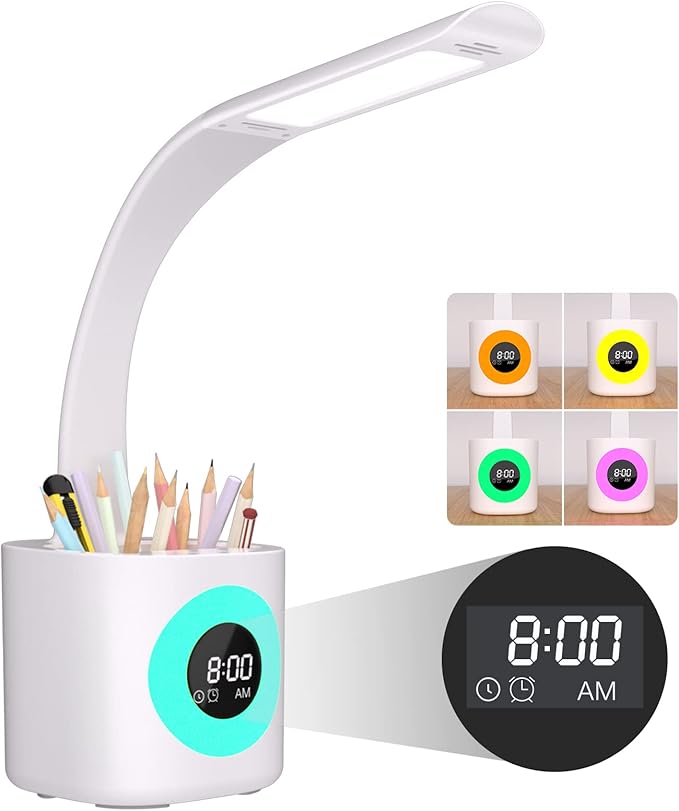 Hokone Desk Lamp for Kids, LED Desk Light for Home Office Dimmable USB Table Lamps with Clock Pen Holder Adjustable Desk Lamps with Color Night Lamp,Children's Christmas Gifts White