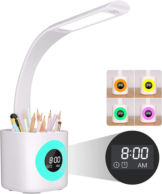 Hokone Desk Lamp for Kids, LED Desk Light for Home Office Dimmable USB Table Lamps with Clock Pen Holder Adjustable Desk Lamps with Color Night Lamp,Children's Christmas Gifts White