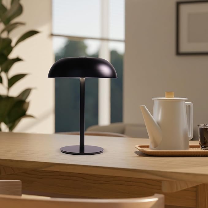 Portable LED Mushroom Table Lamp, 8.46'' Small Cordless Desk Night Light with 5200mAh Rechargeable Battery, Stepless Dimming Lamp with 3 Colors for Bedroom/Bar/Coffee Shop (Black)