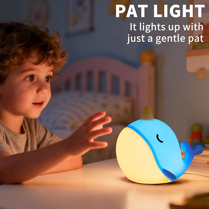 Cute Narwhal Night Light, Tap Control with 3 Warm White Brightness, USB Kids Bed Lamp with 30-Minute Timer, Soft Silicone Glow for Nursery, Birthday Gift (Blue Narwhal)
