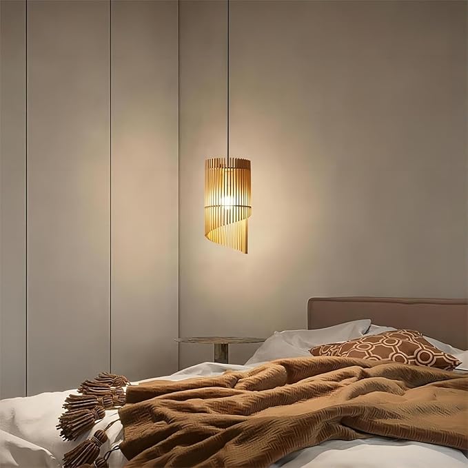 LIGHTLAND 7.9 Inch Wabi-sabi Style Pendant Light, Wooden Hanging Lamp, Vintage Japanese Style Hanging Light, Pendant Lamp for Bedroom, Dining Room, Bar (Pack of 1)