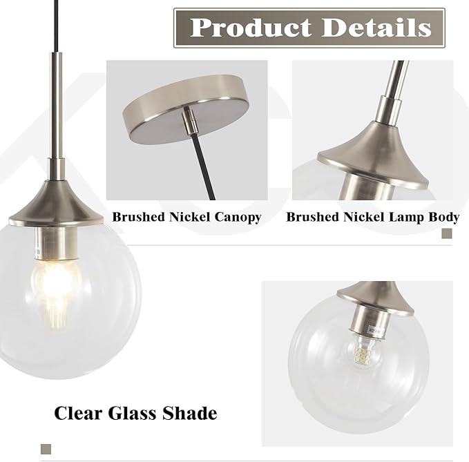 KCO Lighting 7.1” Glass Globe Pendant Light Brushed Nickel Ceiling Light Fixture Mid Century Modern Pendant Lights Kitchen Island Small Bubble Glass Pendant Light