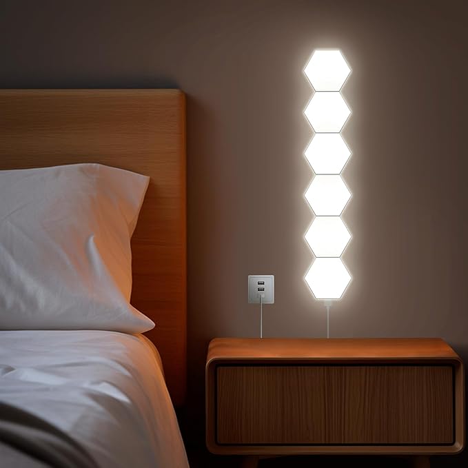 6Pcs Hexagon LED Light (White, Touch Model) - Smart Touch Sensor DIY Modular Wall Lamp for Bedroom, Company Front Desk & Room Decorative Wall Decoration