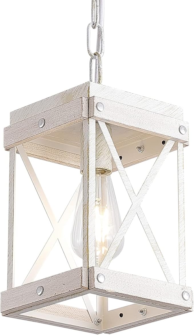 Fivess Lighting Modern Farmhouse Antique White Distressed Pendant Light with Wood and Metal Cage, One-Light Adjustable Chains Rustic Mini Pendant Lighting Fixture for Kitchen Island Cafe Bar