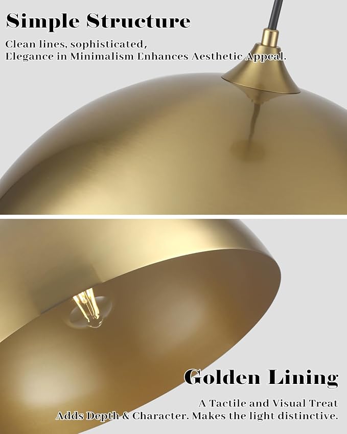 Gold Dome Pendant Light, 16 Inch Large Gold Pendant Light Kitchen Island, Industrial Farmhouse Pendant Lights for Kitchen Island, Dining Room, Cafe, Bar, 1 Pack