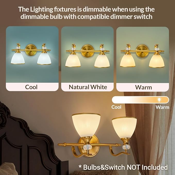 ANDY STAR Gold Vanity Light, 2-Light Brushed Gold Bathroom Light Fixtures, Vintage Bathroom Light with Milky White Bell Glass Shades, Eye-Friendly Wall Sconce for Mirror, Kitchen, Bedroom, Hallway