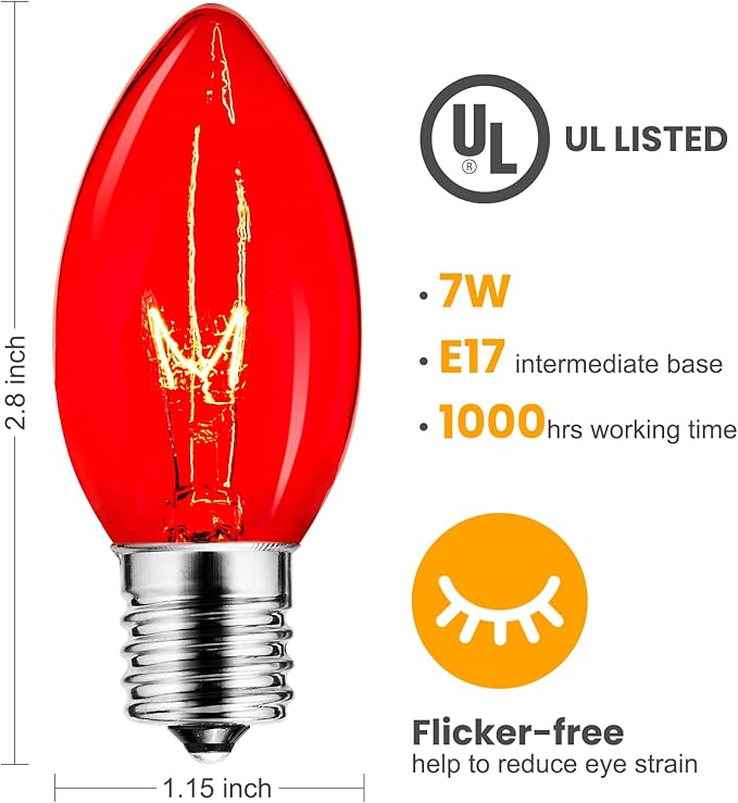 25 Pack C9 Incandescent Bulb Red, C9 Christmas Replacement Light Bulb for Christmas String Light, E17 Intermediate Base, 7 Watt, Red