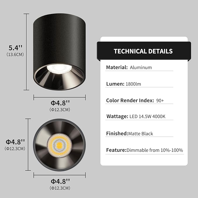 Modern LED Ceiling Light Fixture Flush Mount COB 20W 4000K Cylinder Ceiling Lights, Dimmable Hallway Lighting Fixtures Ceiling Lamps for Living Room Bedroom Kitchen, 3 Pack