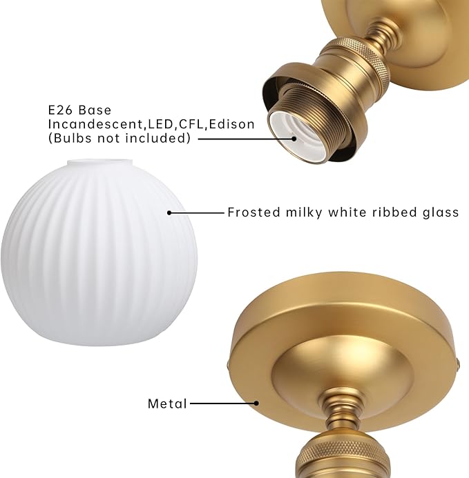 Industrial Globe Semi Flush Mount Pendant Ceiling Light with White Glass Lampshade, Vintage Close to Ceiling Light Fixture for Porch, Hallway, Entryway, Kitchen, Bedroom, Hotel