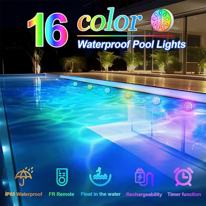 Pool Lights, 16 Color 3 Modes Submersible LED Lights with Remote & Timing, Rechargeable IP68 Waterproof Underwater Light, Dimmable Ambient Light for Pond Pool Bath Party Decoration (Drop - 2pcs)