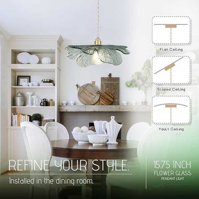 Farmhouse Vintage Pendant Lights Dark Green Glass Pendant Lighting Kitchen Island 1-Light Gold Pendant Light 15.74Inch Large Hanging Light fixtures with Glass Shade for Dining Room Bedroom