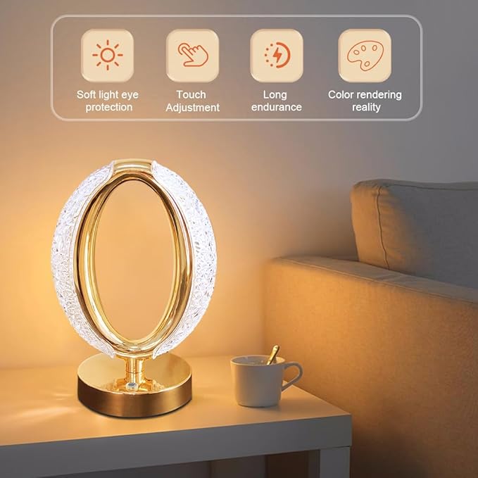 Cordless Crystal Lamp, Touch Sensor Control LED Table Lamp,3 Color Stepless Dimmable Battery Powered Lamp (Gold-01)