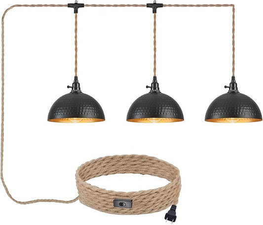 3 Light Plug in Pendant Lights Hammered Dome Hanging Lamp with Switch 22 Ft Long Hemp Rope Farmhouse Pndant Light Cord Lighting Fixture DIY Hanging Light