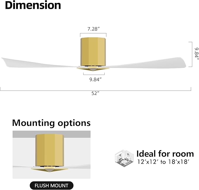 WINGBO 52" Ceiling Fan no Light - Brass and White DC Flush Mount Ceiling Fan, 3 ABS Plastic Curved Blades, 6 Speed Reversible DC Motor, Hugger Ceiling Fans No Light for Kitchen, Bedroom, Living Room