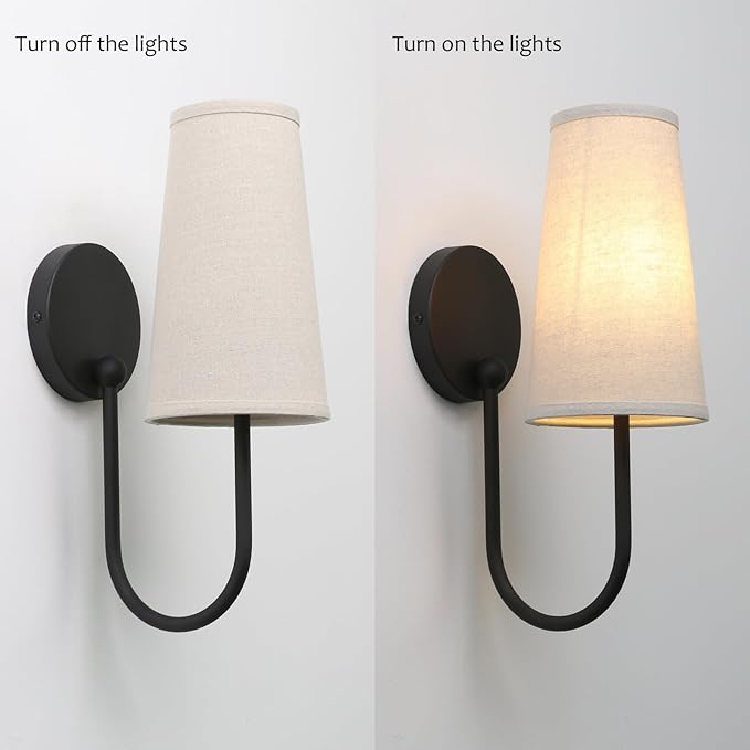 Pathson Set of 2 Linen Fabric Wall Sconces, Hardwired Curved Arm Bathroom Vanity Light with Cone Cloth Shade, Black Indoor Wall Decor Lamp for Living Room, Kitchen, Bedroom, Foyer