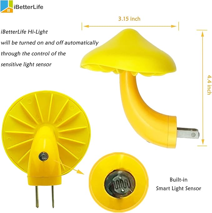 Sensor LED Mushroom Night Lights - 2Pack Plug into Wall Mushroom Lamp, Cute Mini Dream Bed Nightlight for Kids Adults for Home Office, Bedroom, Bathroom Toilet, Stairs, Hallway Corridor, Warm Yellow