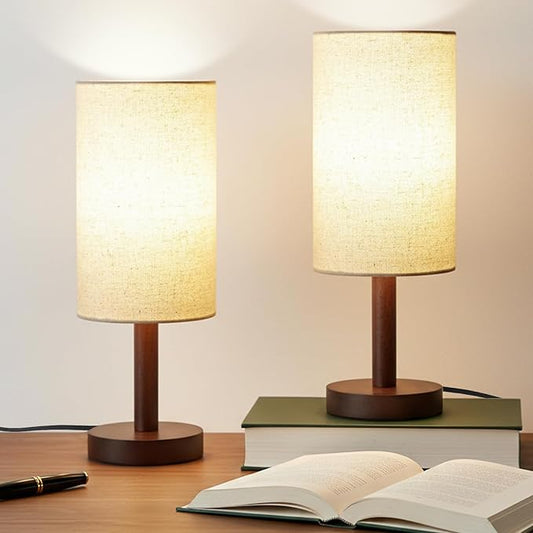 Small Table Lamp Nightstand Lamp Linen Lampshade Bedroom Wood Base Small Bedside Lamp for Night Stands, Desk Lamps for Reading Living Room, Office (LED Bulb Included) (Black-Walnut Wood（2）)
