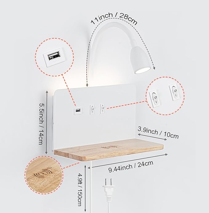 Bedside Wall Sconce with Wireless Charging Station & USB Port, Wall Mounted LED Reading Light with Flexible Gooseneck, 3 Color Temperatures, Plug-in or Hardwired Bed Reading Lamp for Bedroom, White