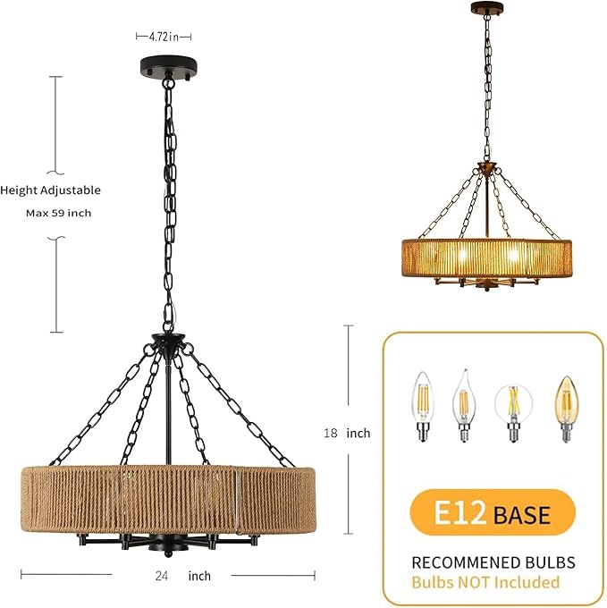 Farmhouse Ceiling Chandelier, 24-inch Bohemian Style Natural Rustic Woven Hemp Rope Pendant Light Round Black Suspension Fixture Suitable for Living Room, Bedroom, Dining Room, Kitchen