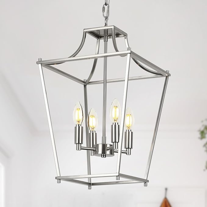 Lantern Pendant Lights, 12" Brushed Nickel Pendant Light Fixtures, 4-Light Adjustable Pendant Lighting for Kitchen Island Dining Room Living Room Foyer Stairway