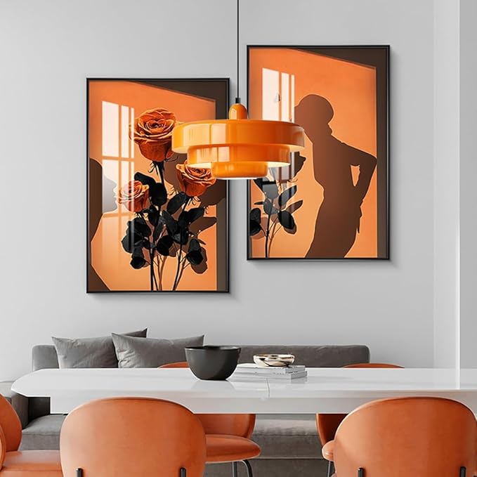 Set of 2 Orange Pendant Lights, Nordic Flush Mount Mid Century Modern Chandeliers for Kitchen Island, Dining Room, Pantry, Farmhouse Ceiling
