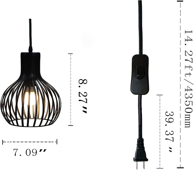 Industrial Wire Cage Plug in Pendant Light 14.27 Ft Hanging Light Cord with On/Off Switch,Vintage Black Metal Hanging Lamp Fixture