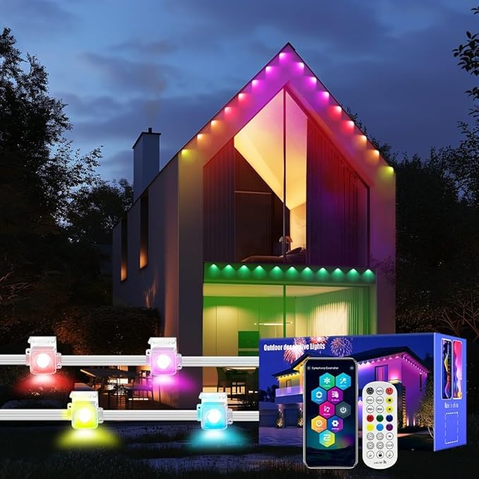 Permanent Outdoor Lights, 100FT RGB LED Smart Eaves Lights with 60 LEDs, IP67 Waterproof, Remote/APP Control, DIY Scene Modes, Music Sync Lighting for Party, House, All Holiday Decorations