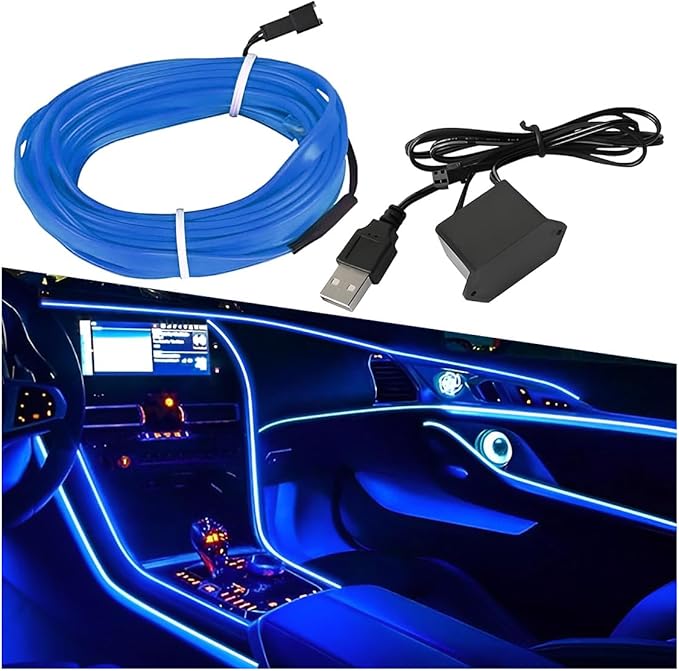 EL Wire Car Interior LED Strip Lights, 5V 16FT Neon Light Strip with Sewing Edge, USB Electroluminescent Car Interior Lights with Fuse Protection, Vehicle Ambient Lighting Decorations (Blue)
