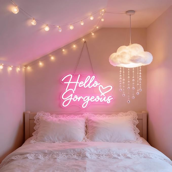 Hello Gorgeous Neon Light for Wall Decor, Pink USB Powered LED Sign with Dimmable Switch, Neon Sign for Home, Wedding, Birthday Backdrop, Party (Pink)