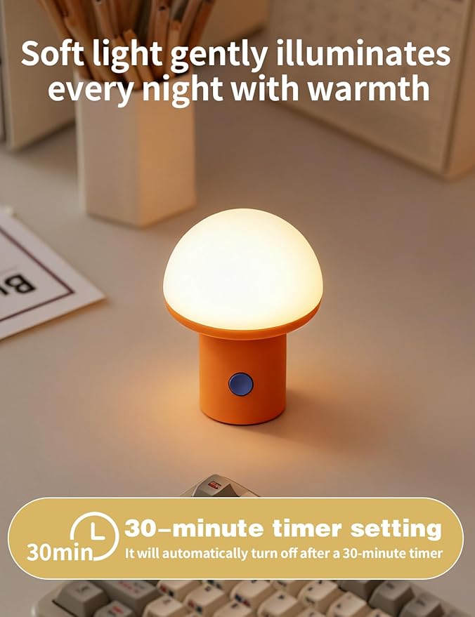 LED Night Light for Bedroom - Cute Mushroom Mini Desk Lamp with 3 Brightness Levels, USB Rechargeable & Portable Bedside Lamp for Kids and Nursery Christmas Gifts for Birthday