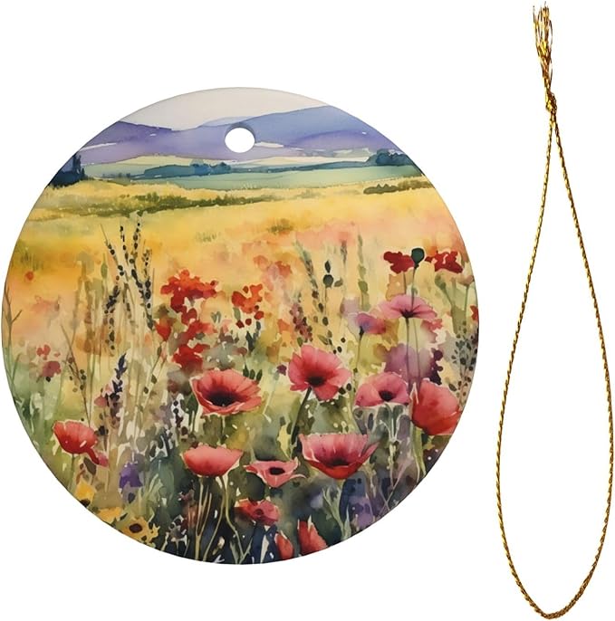 Watercolor Poppy Flowers Field Christmas Ornaments, Christmas Decorations Xmas Tree Hanging Ornaments, Round Ceramic Festive Keepsake Gift for Christmas Decorations Holiday Home Party Decors