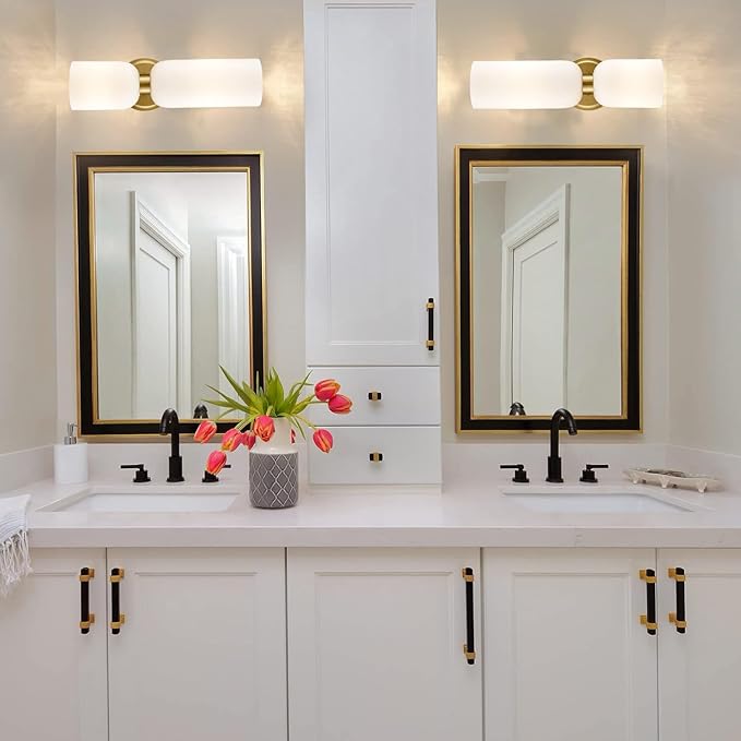 Gold Wall Sconces Mid Century Wall Light Modern Gold Wall Sconces Set of Two 2-Light Modern Wall Light Bathroom Vanity Light Milky White Glass for Bedroom Kitchen Dining Room (Gold)