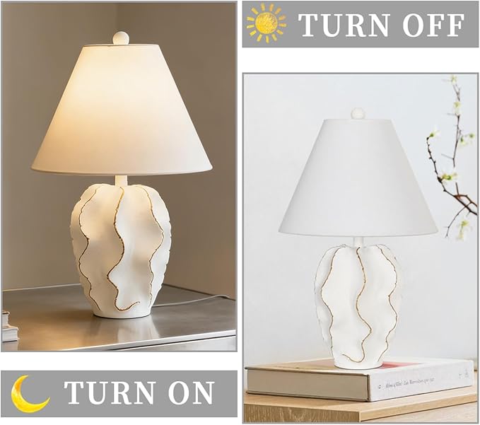 Modern Accent Table Lamp 20.4" High White＆Gold Sculptural Geometric Textured Urn Tapered Fabric Conical Shade Bedside Nightstand Lamps for Bedroom Living Room House Home Office