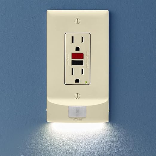 2 Pack - SnapPower MotionLight [for GFCI Outlets] - Motion Detecting LED Night Lights Built-in to Wall Plate - Bright/Dim/Off Options - Auto On/Off Sensor - (GFCI, Light Almond)