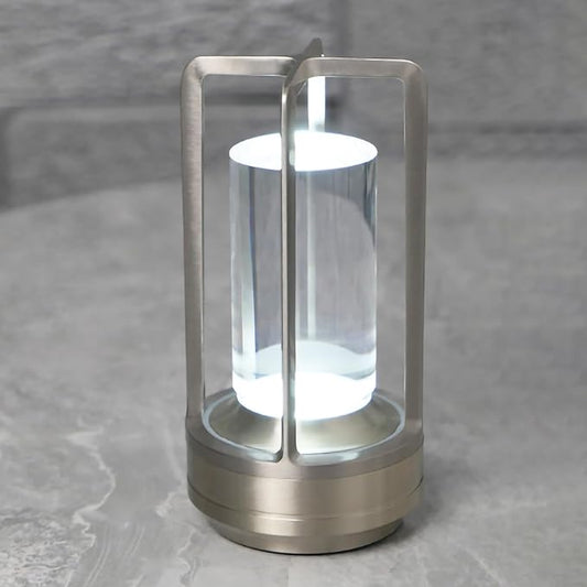 Cordless Table Lamp Rechargeable Portable Metal Touch Small Desk Lamp,Indoor/Outdoor Battery Operated LED Night Light,3Color Stepless Dimming Crystal Lantern,for bedrooms,Bars,cafes,Camping,Silver