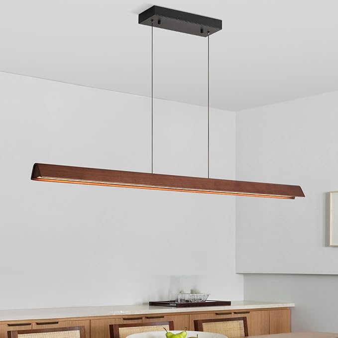 43" Wood Linear Pendant Light, 24W Hanging Pendant Light, Dimmable Modern Led Pendant Lighting, Adjustable Wood Linear Chandeliers for Dining Room, Kitchen Island, Bar, Pool Table-Walnut