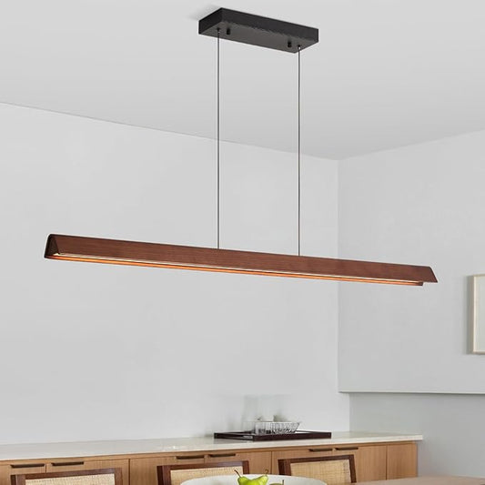43" Wood Linear Pendant Light, 24W Hanging Pendant Light, Dimmable Modern Led Pendant Lighting, Adjustable Wood Linear Chandeliers for Dining Room, Kitchen Island, Bar, Pool Table-Walnut