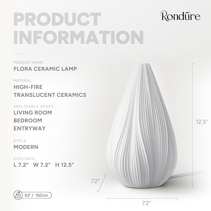 RONDURE 12.5" Modern Ceramic Table Lamp, Modern Bedside Lamps for Bedroom, Living Room and Nightstand, White Translucent Ceramic Shade, Warm Ambient Lighting, Home Decor