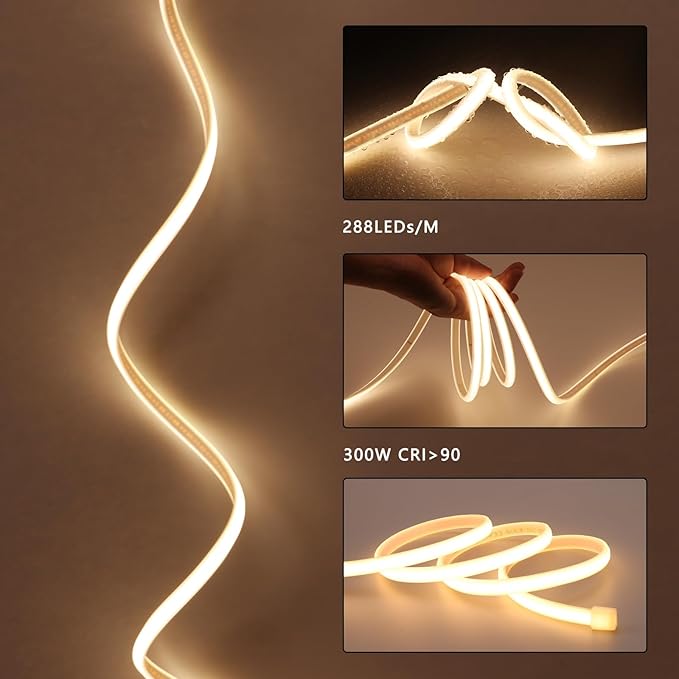 AC 110V COB LED Strip Lights Outdoor Waterproof 98.4ft, 3000K Warm White Super Bright 300W LED Rope Light, IP65 Flexible Cuttable, for Bedroom Garden Commercial House Gaming Room Decor