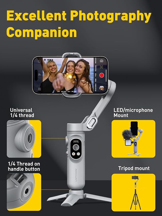 AOCHUAN Gimbal Stabilizer for Smartphone with Face/Object Tracking for iPhone 15 14 Pro Max Android,3-Axis Foldable Phone Gimbal w/Built-in Light,1/4 Threads for TikTok YouTube Vlogging(Smart X Grey)