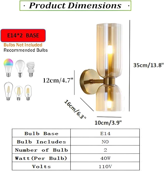 Sconces Wall Lighting Gold Wall Sconce Set of Two 2-Light Vintage Bathroom Vanity Light with Amber Shade Satin Brass Finish for Living Room Corridor (Gold+Amber)