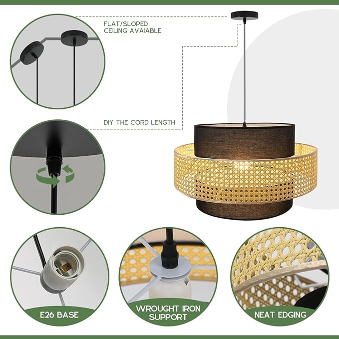 Boho Rattan Pendant Lights Hand-Woven Wicker Hanging Light Farmhouse Basket Pendant Light Fixture Black Shade Rattan Chandelier for Living Room Dining Room Kitchen