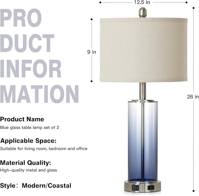 26" Glass Table Lamp Single, 3-Way Dimmable Touch Control Living Room Lamp with USB C+A Ports & AC Outlet, Coastal Bedside Lamps, Bedroom Lamps for Nightstand Side End Table Desk, Blue-1PK