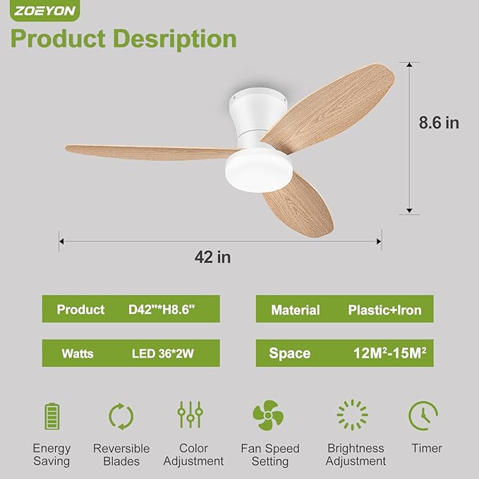 Small Ceiling Fan with Light - 42 Inch Flush Mount Ceiling Fan with Lights and Remote, Low Profile Ceiling Fans with 3 Reversible Blades, 6 Wind Speeds, White&Wood Ceiling Fans for Bedroom
